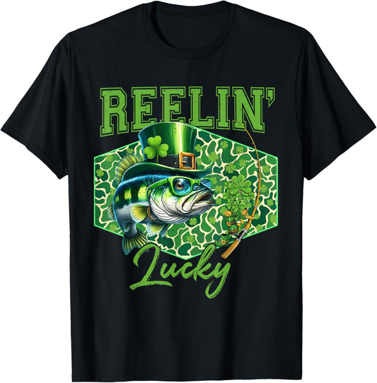 Reelin' Lucky Bass Fishing Fisherman St Patricks Day T-Shirt - T-Shirt | Black