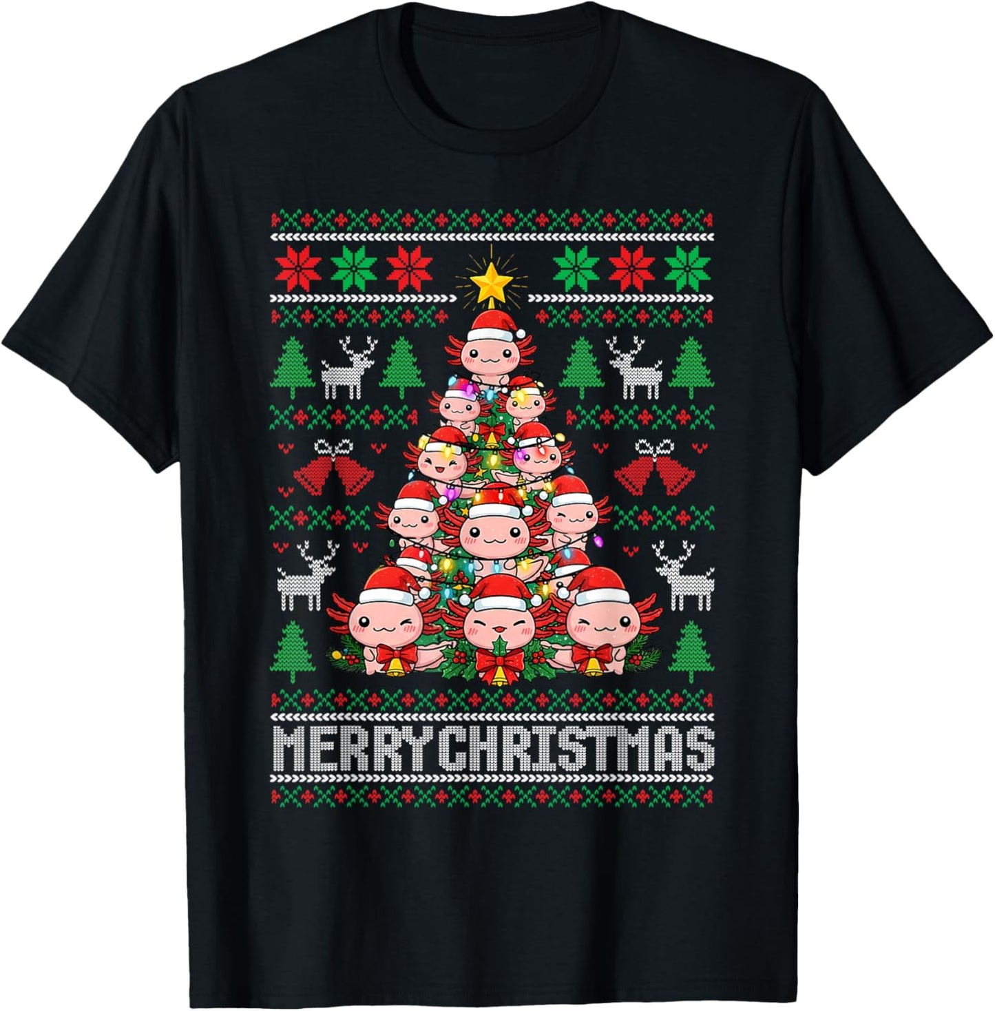 Cute Axolotl Christmas Tree Ugly Sweater Merry Xmas Holiday T-Shirt - T-Shirt | Black