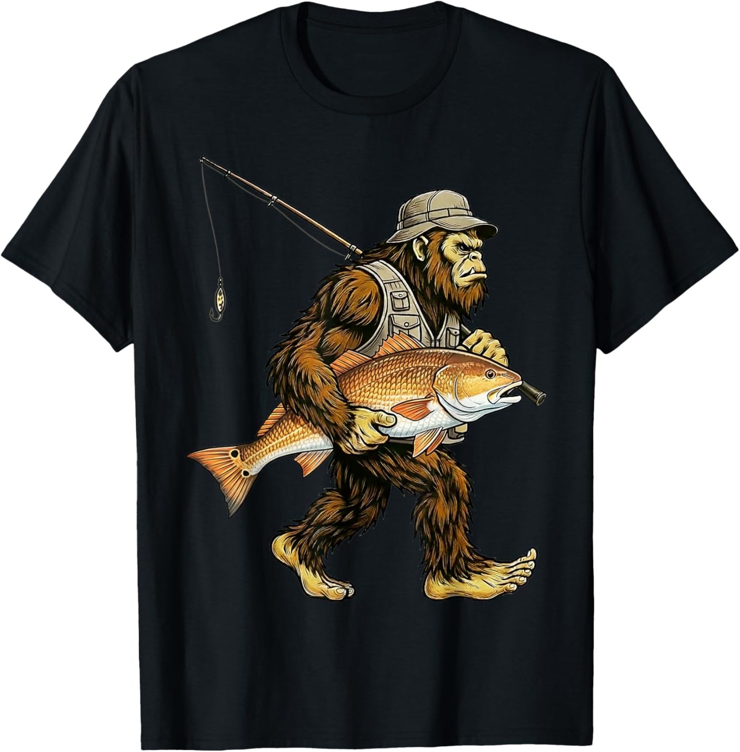 Redfish Bigfoot Fisherman Saltwater Fishing Sasquatch T-Shirt - T-Shirt | Black