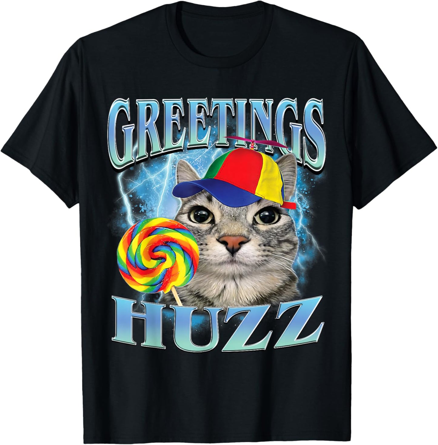 Greetings Huzz Funny Lollipop Cat Meme T-Shirt - T-Shirt | Black