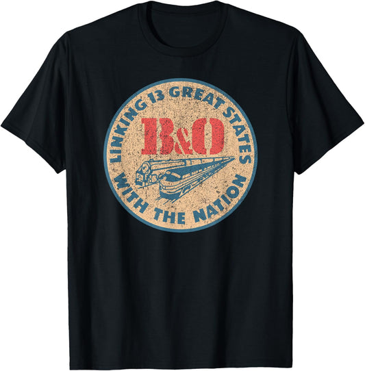 B&O Railroad Vintage Color Train Ad Distressed Worn Effect T-Shirt - T-Shirt | Black