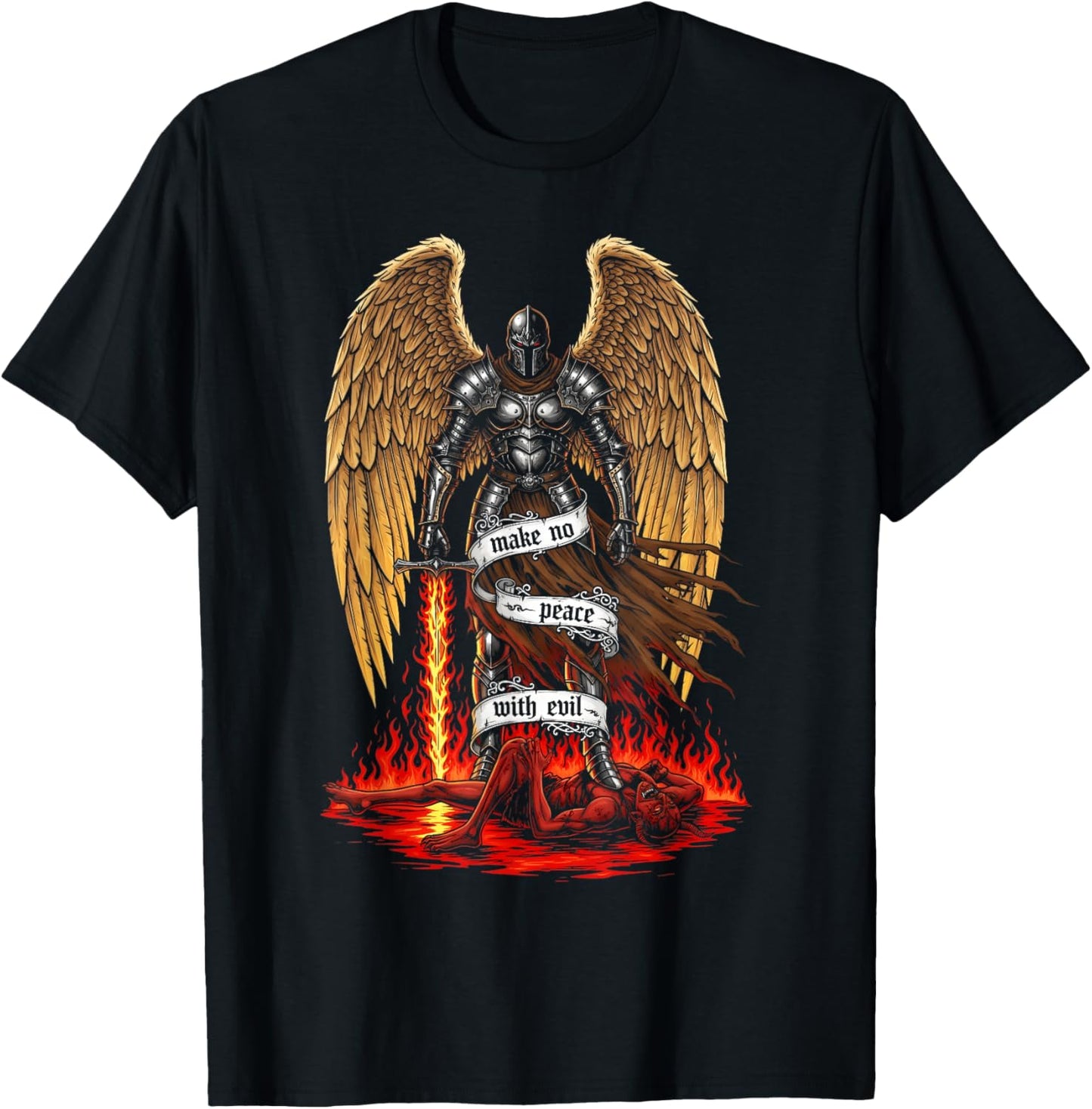Archangel Michael Faith Design Make No Peace with Evil T-Shirt - T-Shirt | Black
