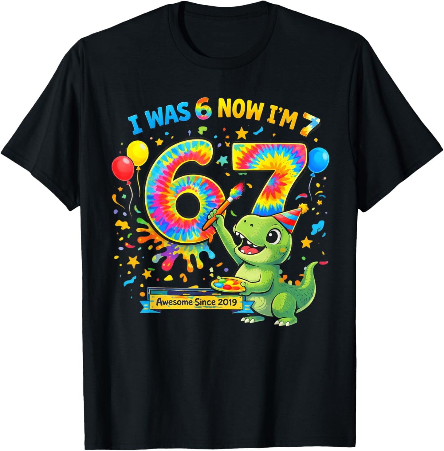 I was 6 Now I’m 7 Dinosaur Birthday Awesome Since 2019 T-Shirt - T-Shirt | Black