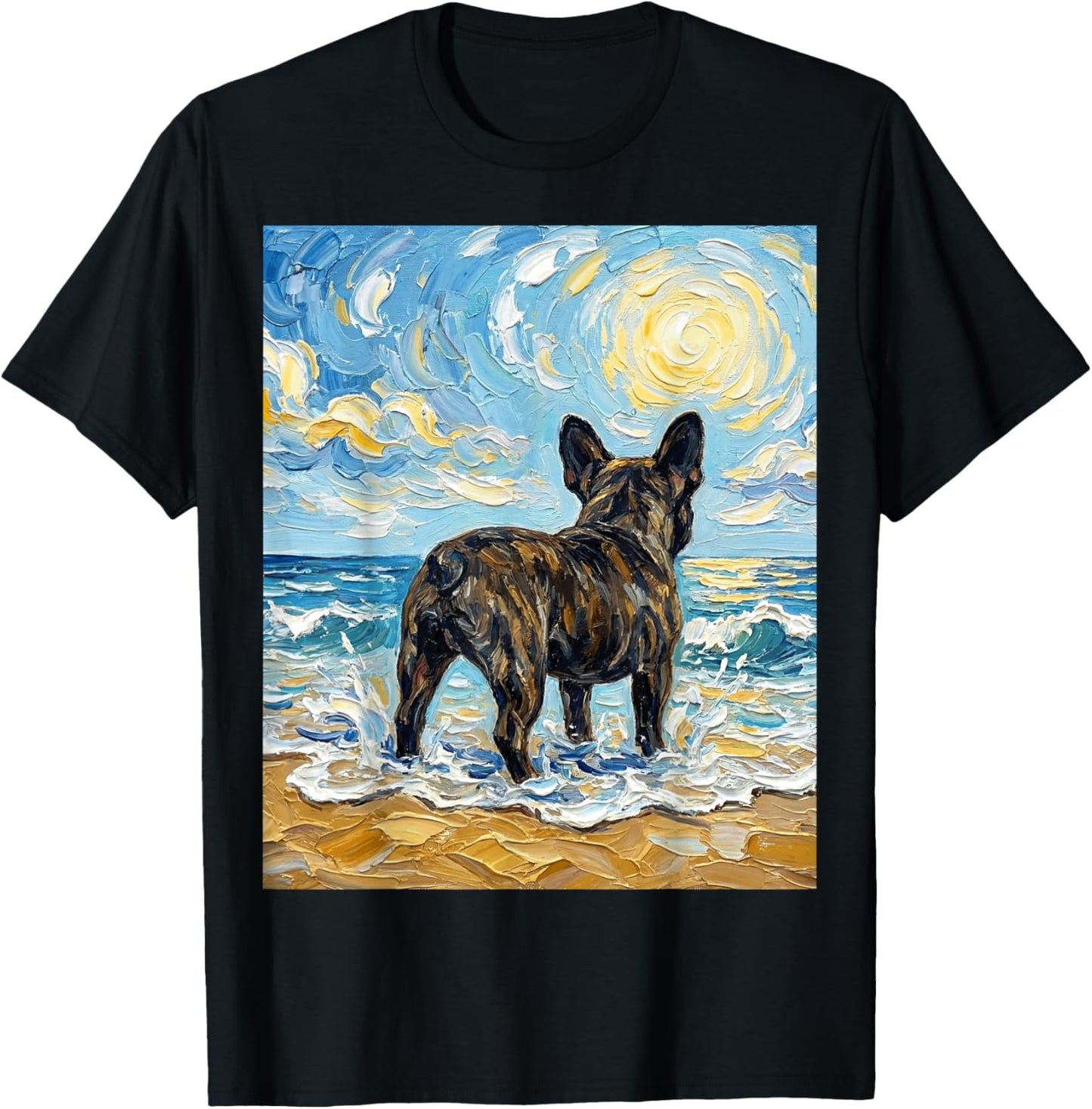 Brindle French Bulldog at The Beach Frenchie Dog Artwork T-Shirt - T-Shirt | Black