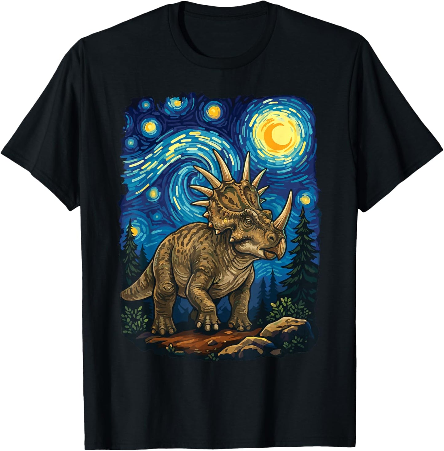 Styracosaurus Dinosaur Prehistoric Starry Night Van Gogh T-Shirt - T-Shirt | Black