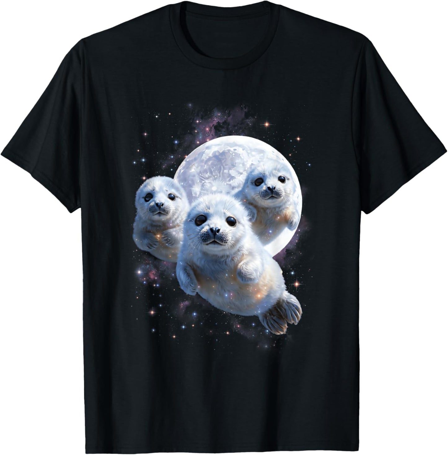 Vintage 3 Baby Seal Full Moon Galaxy Stars Space Wolf T-Shirt - T-Shirt | Black