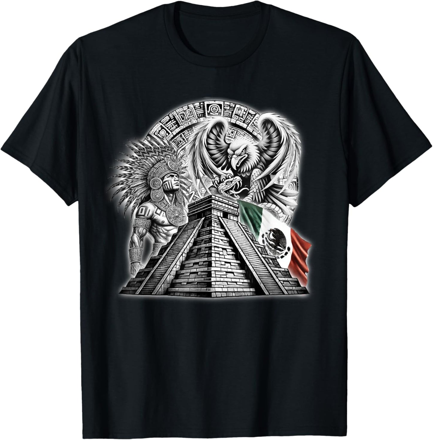 Aztec Warrior Calendar Mexico Mexican Flag Mayan Azteca T-Shirt - T-Shirt | Black