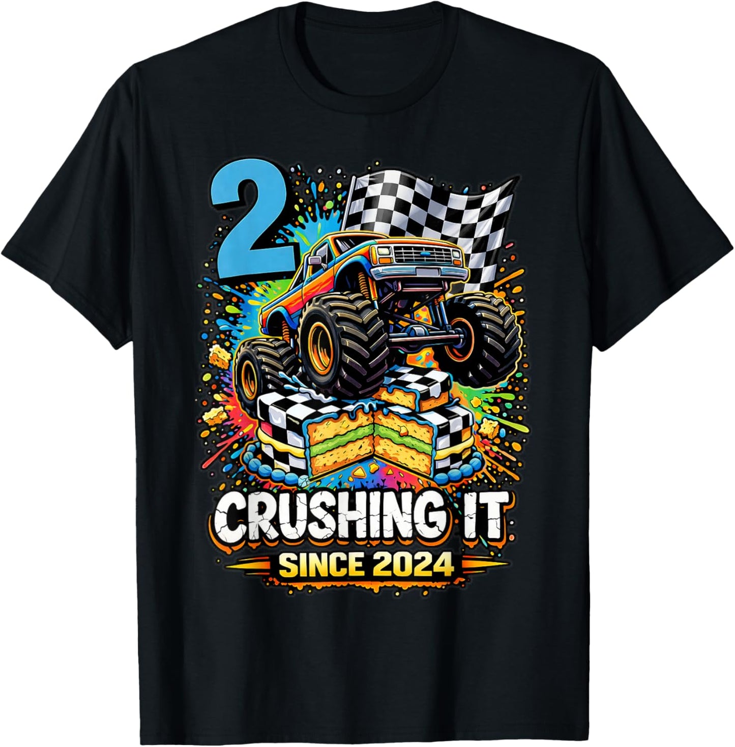 Birthday Monster Truck 2 Year Old Boys 2nd Party Born 2024 T-Shirt - T-Shirt | Black
