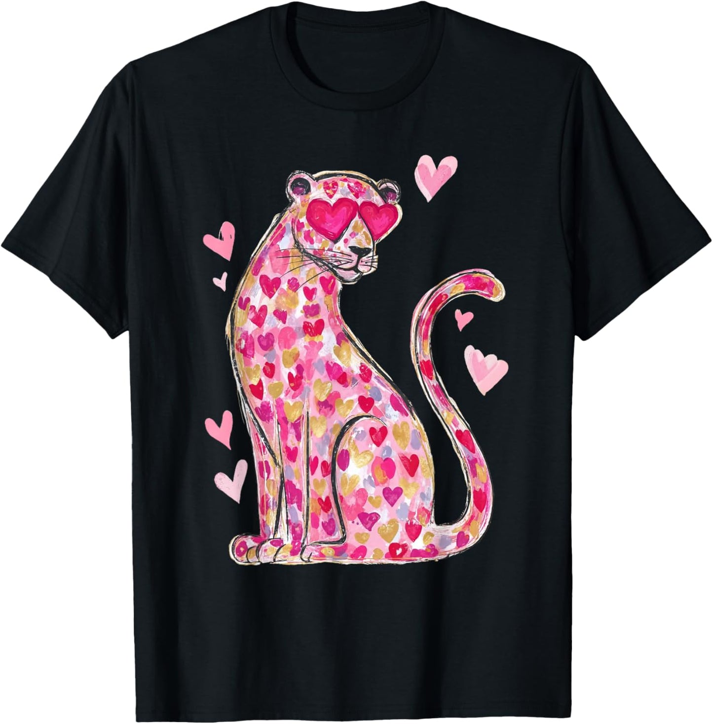 Valentine Leopard Cat Cheetah Pink Heart Retro Vintage T-Shirt - T-Shirt | Black