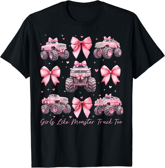 Girls Like Monster Truck Too Coquette Bow Monster Truck Kids T-Shirt - T-Shirt | Black