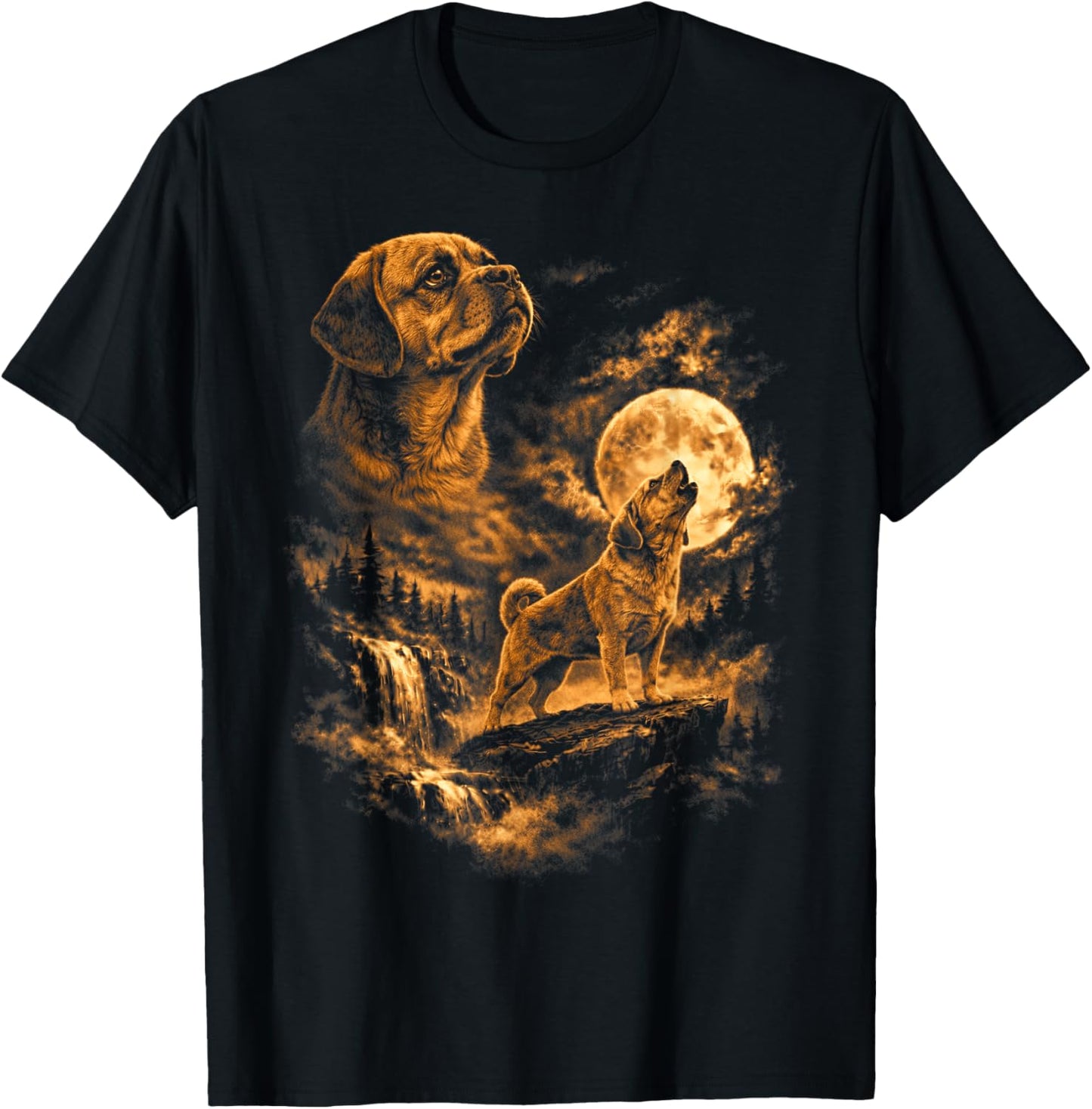 Puggles Howling Moon Dog Fantasy Forrest Wilderness T-Shirt - T-Shirt | Black