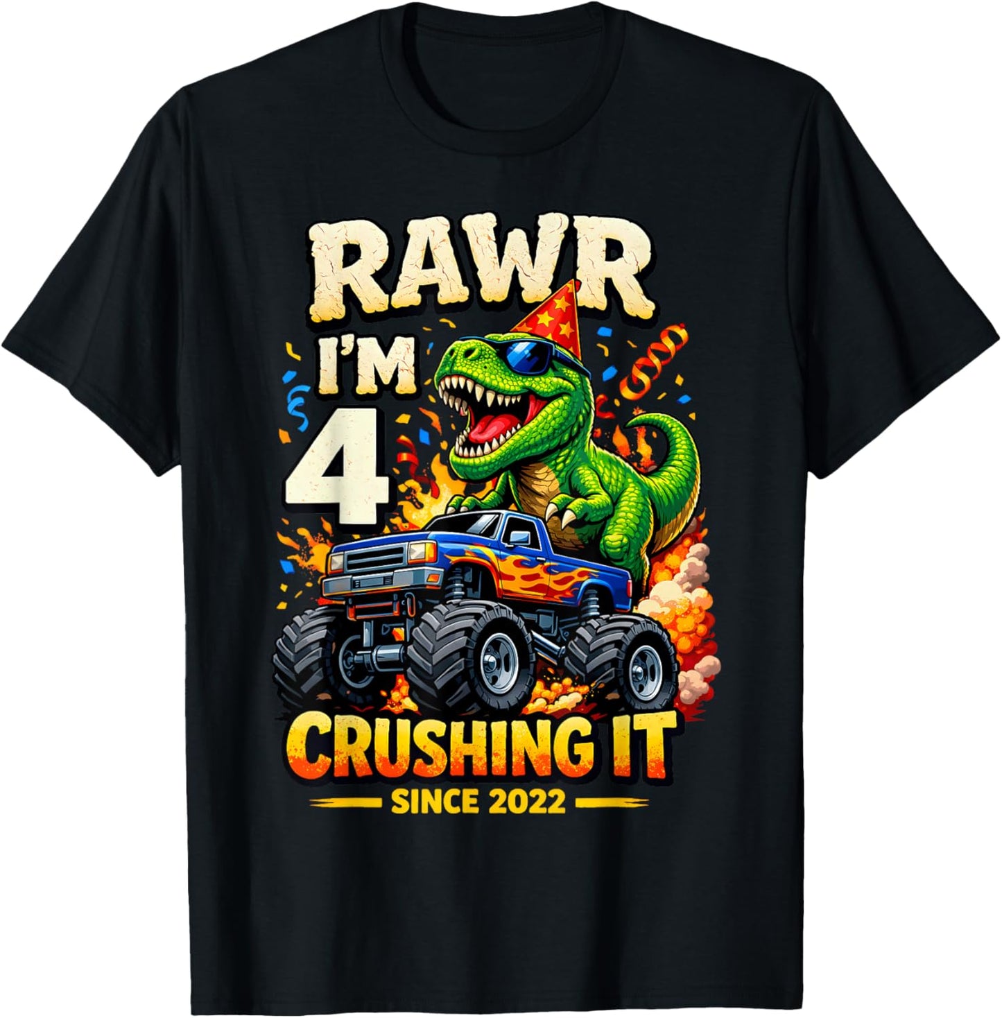 4th Birthday Monster Truck Dinosaur 4 Years Old Birthday Boy T-Shirt - T-Shirt | Black