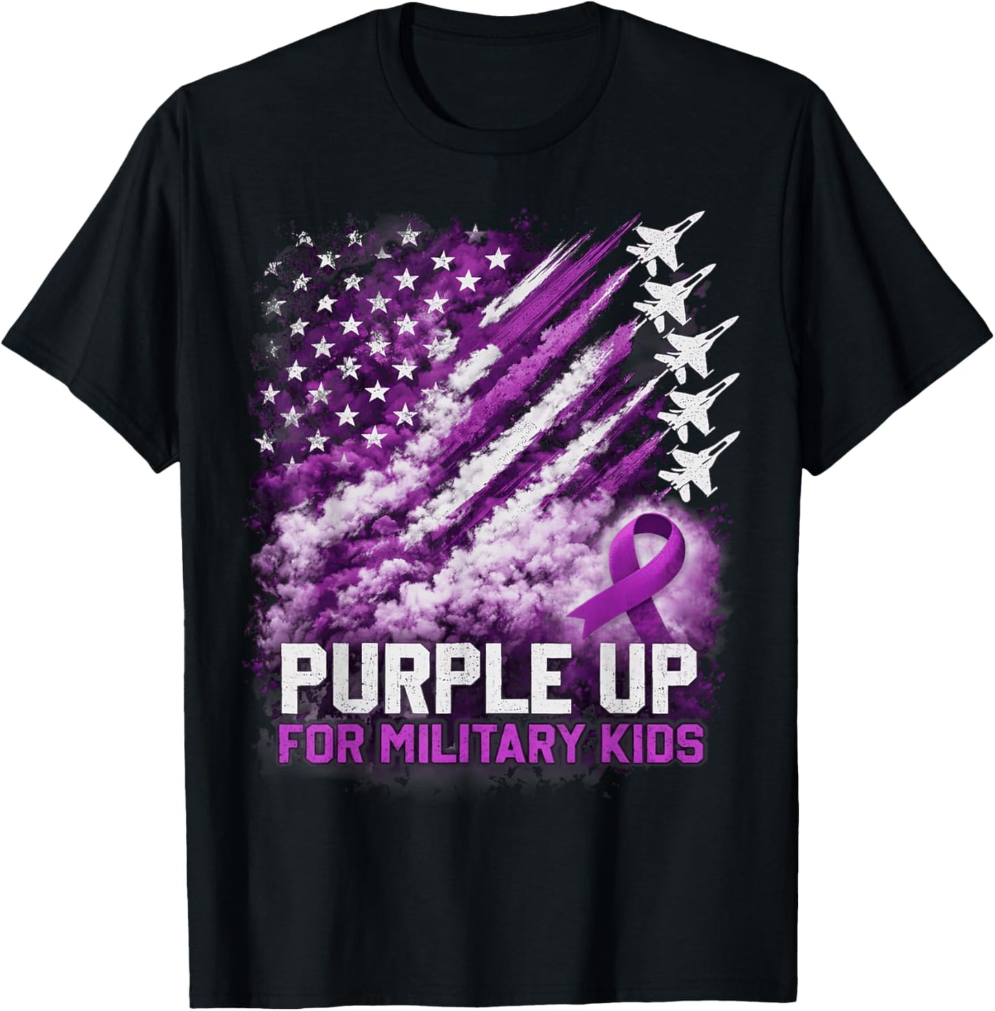 Purple Up Military Kids April Awareness USA Flag T-Shirt - T-Shirt | Black