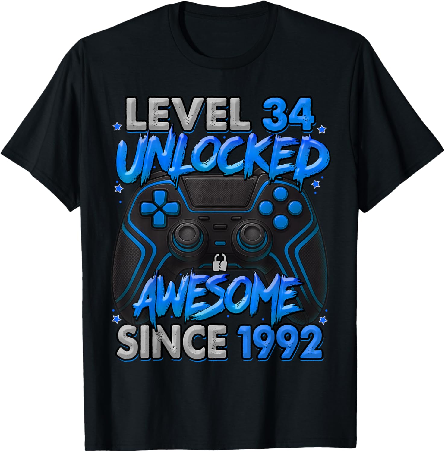 Level 34 Unlocked Awesome Since 1992 34th Birthday Gaming T-Shirt - T-Shirt | Black