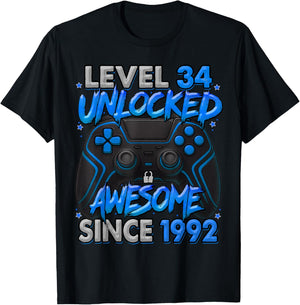 Level 34 Unlocked Awesome Since 1992 34th Birthday Gaming T-Shirt - T-Shirt | Black