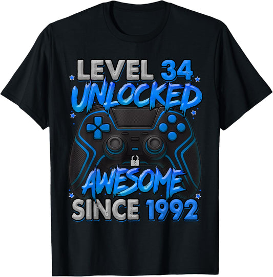 Level 34 Unlocked Awesome Since 1992 34th Birthday Gaming T-Shirt - T-Shirt | Black