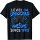 Level 34 Unlocked Awesome Since 1992 34th Birthday Gaming T-Shirt - T-Shirt | Black