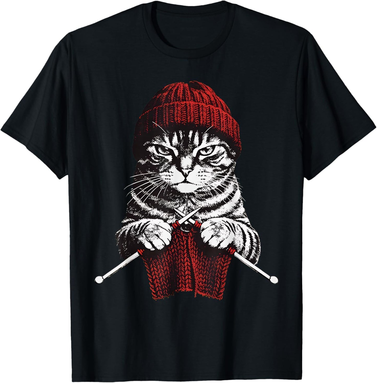 Vintage Knitting Cat Crochet Yarn Lover Cute Cat T-Shirt - T-Shirt | Black