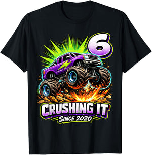 Birthday Monster Truck 6 Year Old Boys 6th Party Born 2020 T-Shirt - T-Shirt | Black