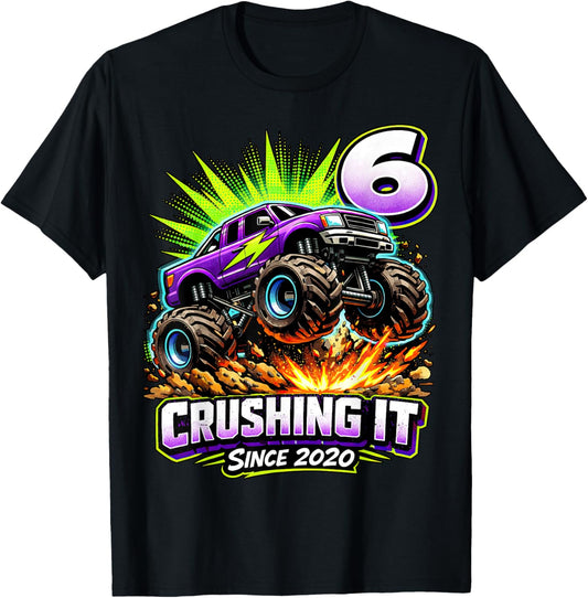 Birthday Monster Truck 6 Year Old Boys 6th Party Born 2020 T-Shirt - T-Shirt | Black