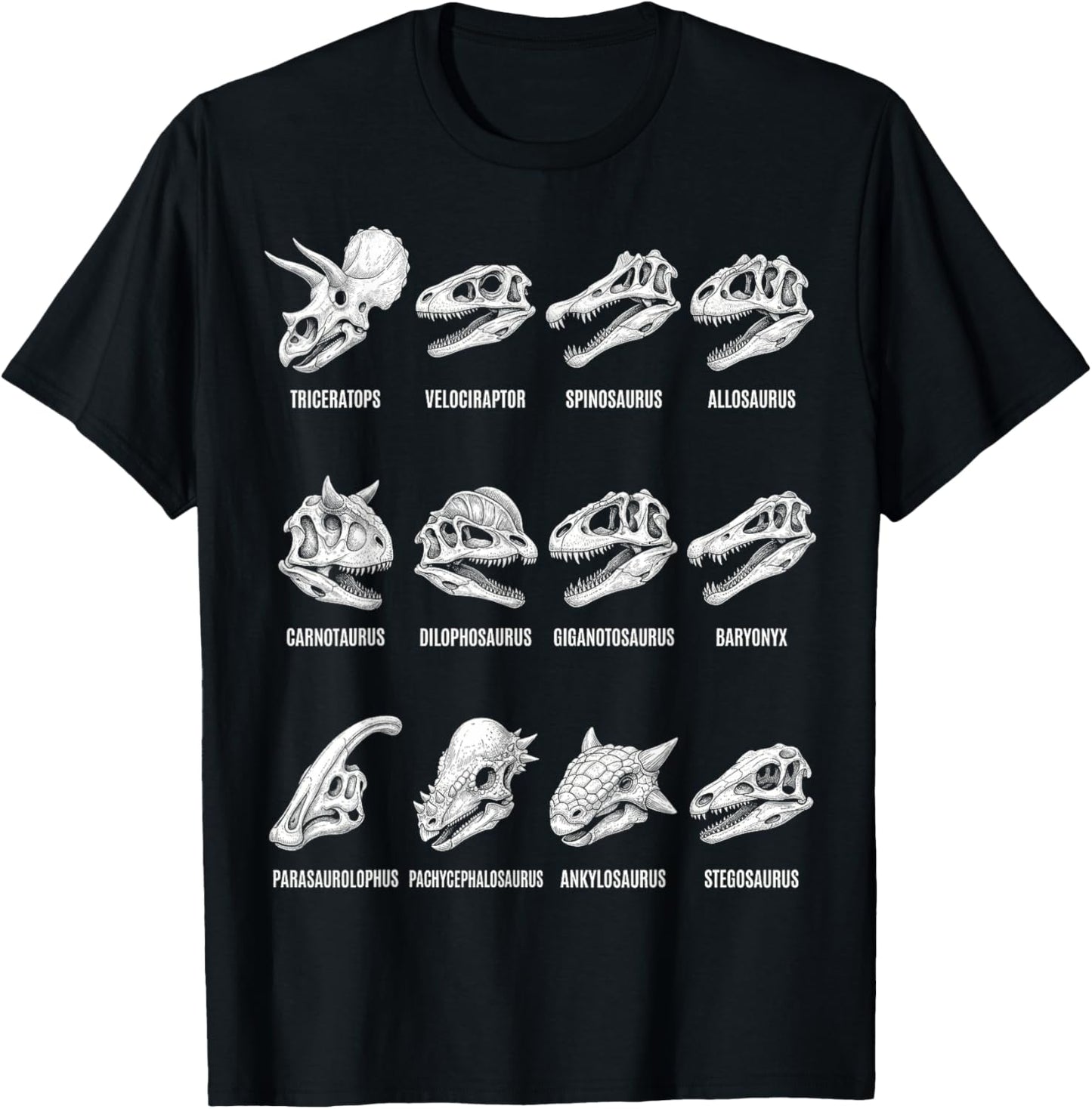Dinosaur Skull Types Paleontology Fossil Anatomy Chart T-Shirt - T-Shirt | Black