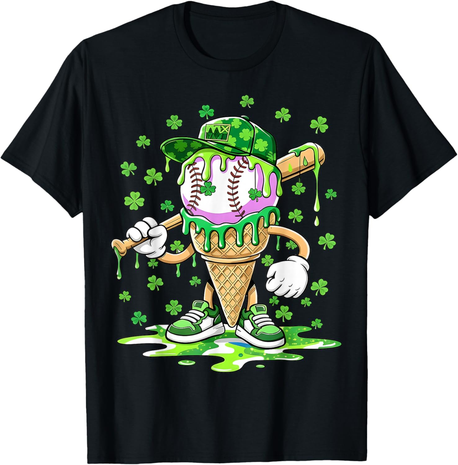 Kids Baseball Drip Ice Cream Apparel Boys St Patrick Day T-Shirt - T-Shirt | Black