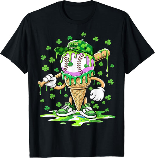 Kids Baseball Drip Ice Cream Apparel Boys St Patrick Day T-Shirt - T-Shirt | Black