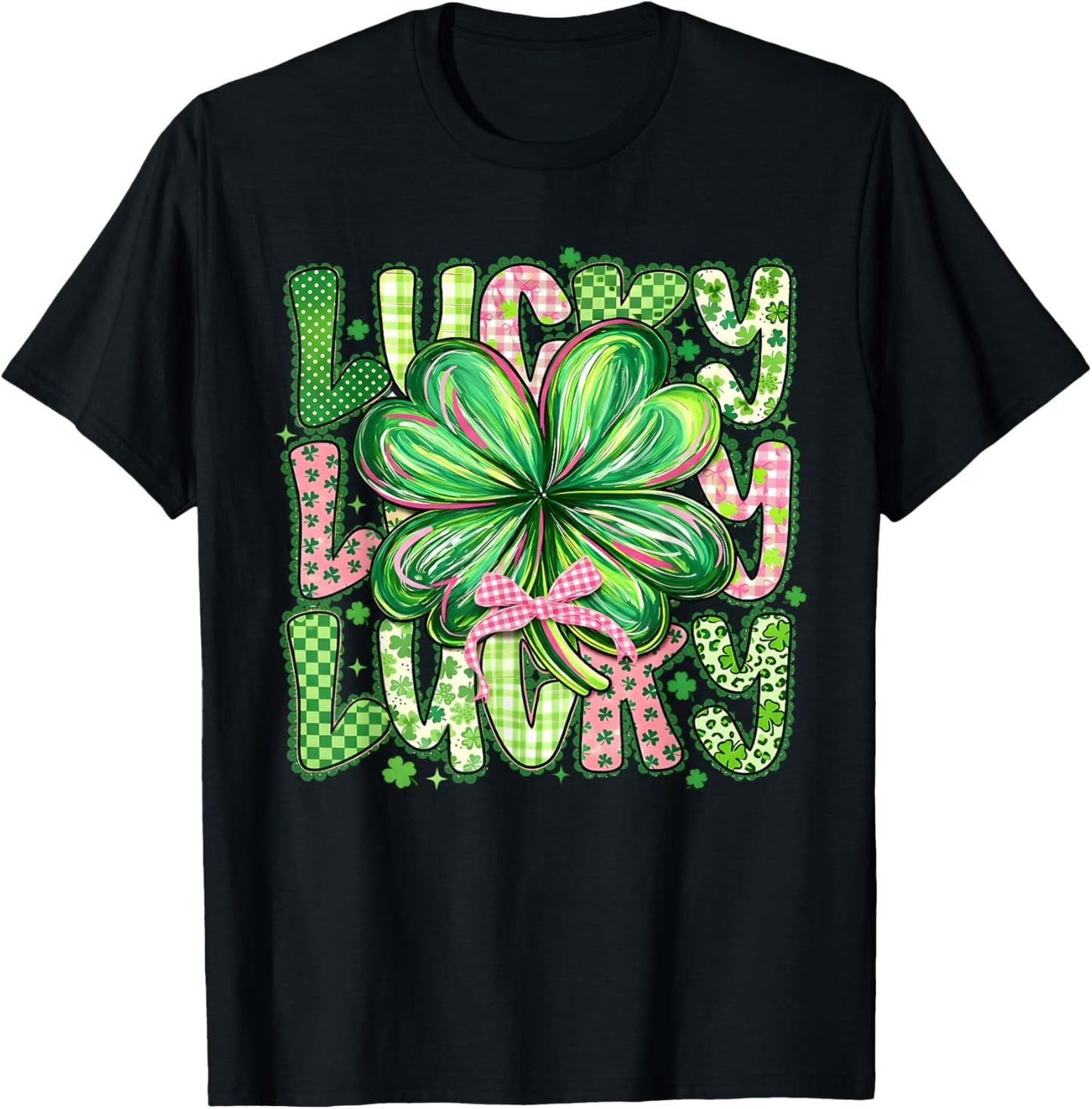 Preppy Lucky St Patrick's Day Coquette Bow Shamrock T-Shirt - T-Shirt | Black