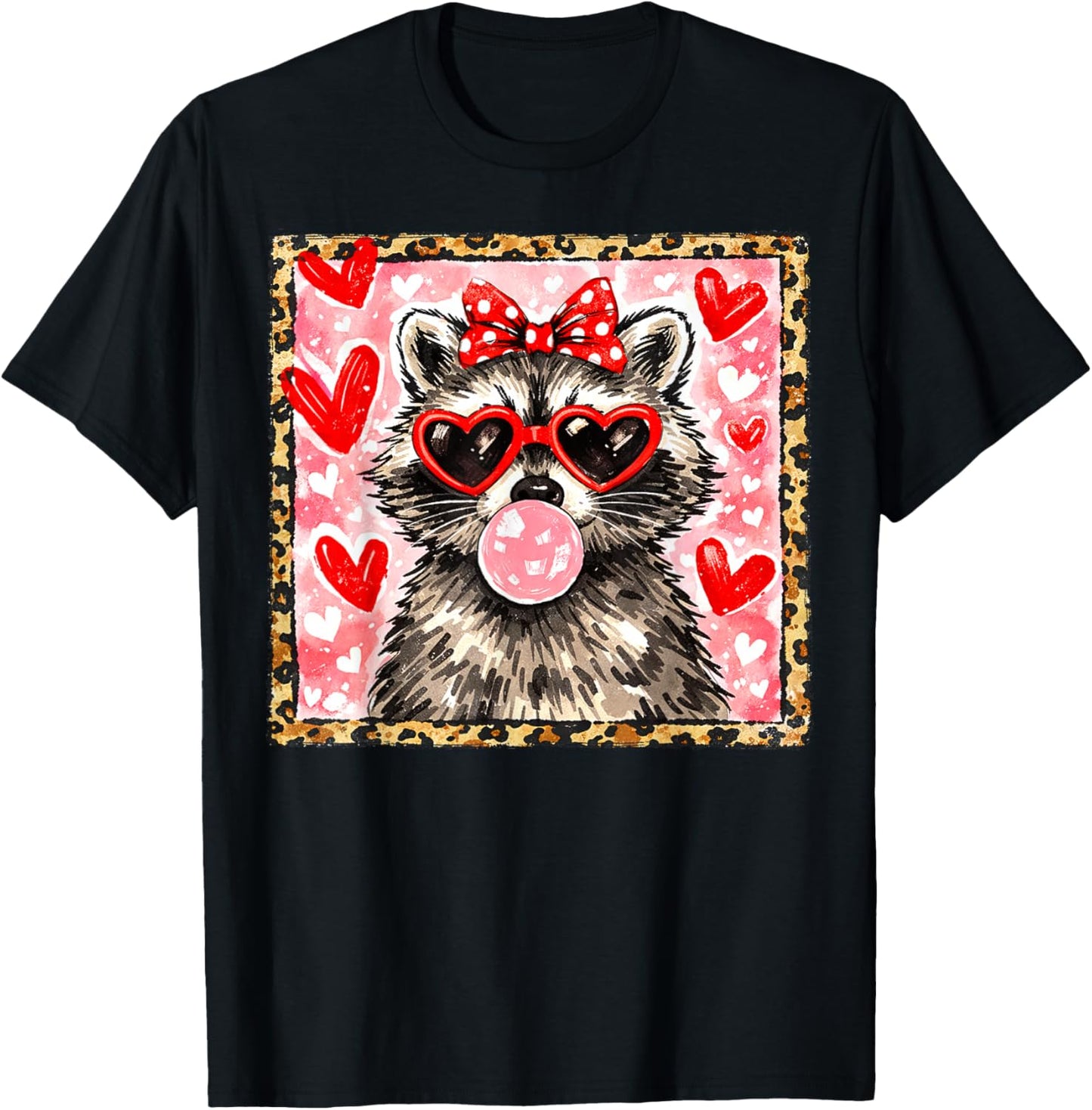 Vintage Leopard Funny Valentine Raccoon Lover Heart XOXO T-Shirt - T-Shirt | Black