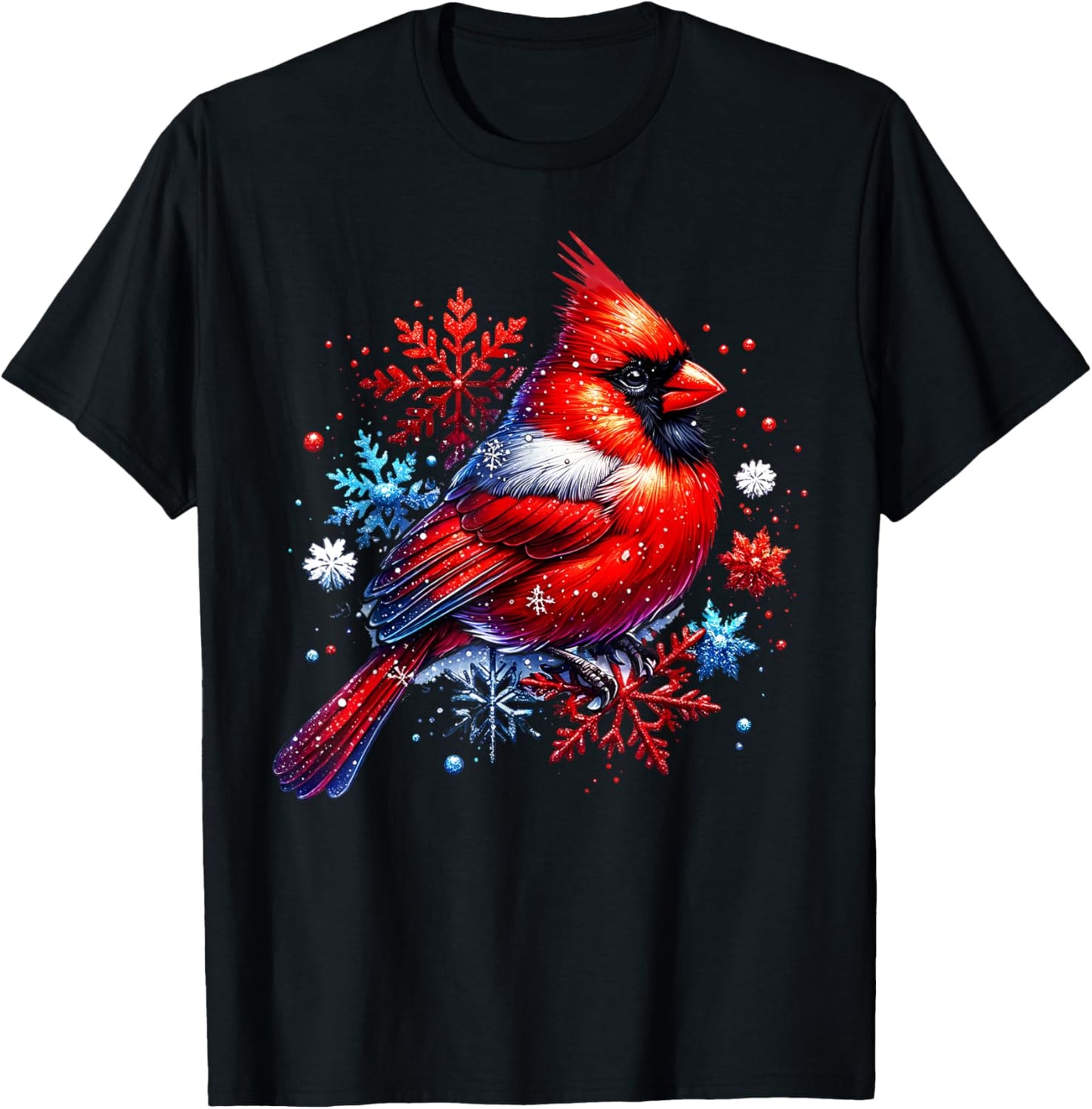 Red Cardinal Floral Snowflakes Winter Christmas Bird Lover T-Shirt - T-Shirt | Black