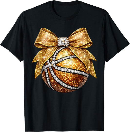 Bling Basketball Bow Coquette Game Day Sports Basketball Mom T-Shirt - T-Shirt | Black