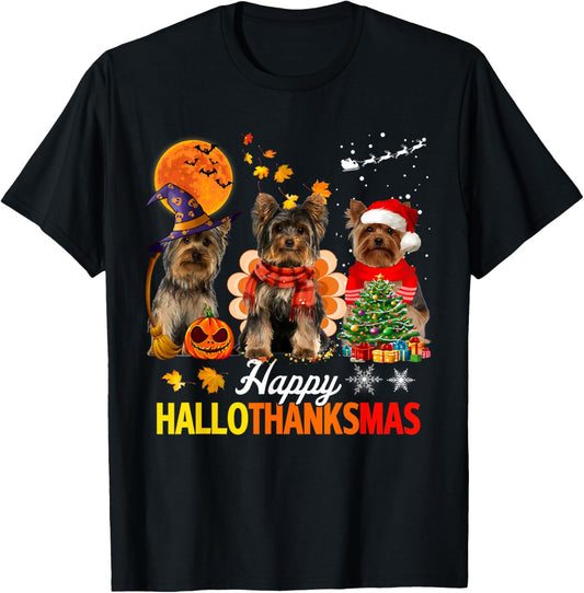 Cute Yorkie Happy Hallothanksmas Halloween Thanksgiving Xmas T-Shirt - T-Shirt | Black
