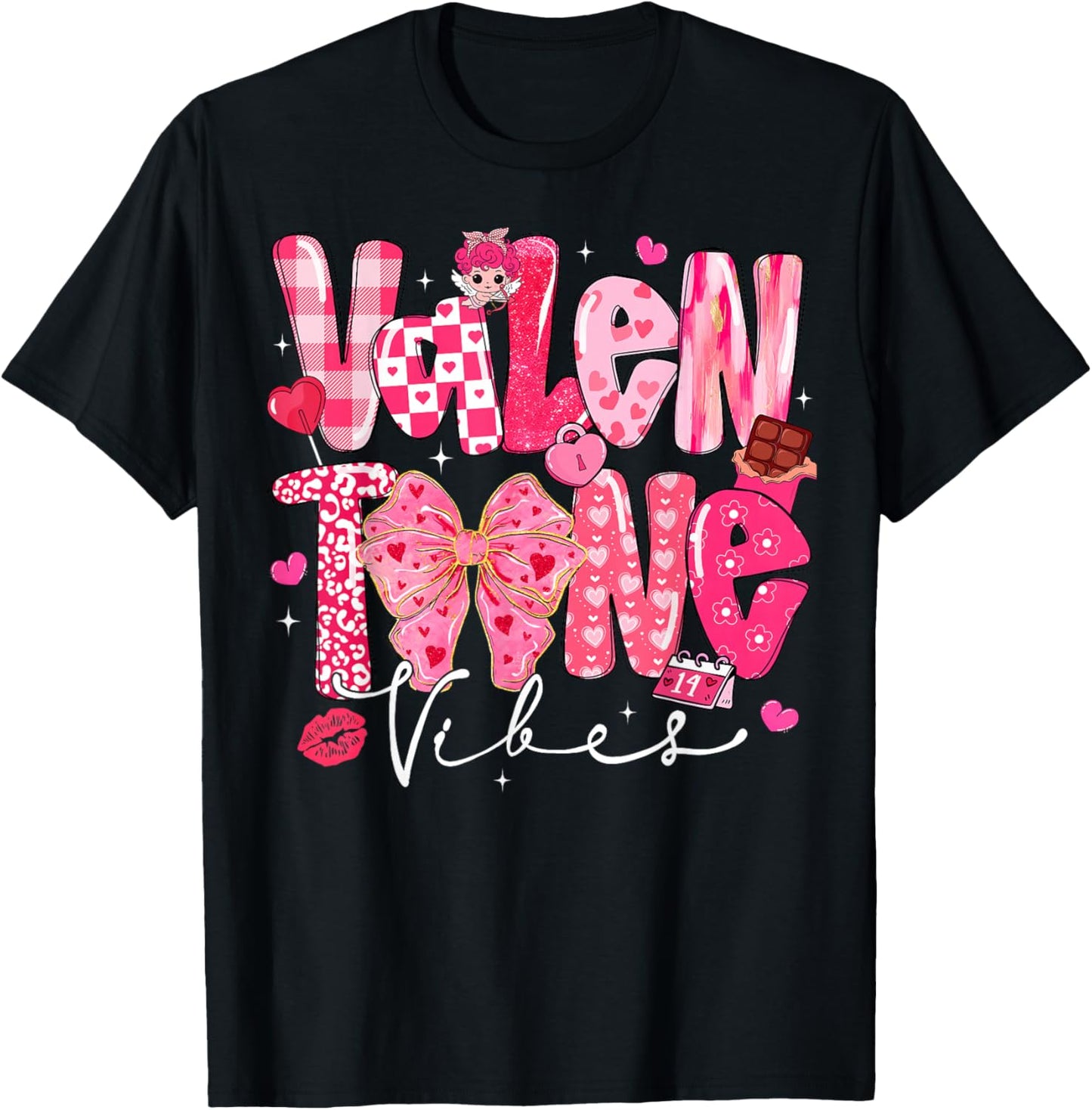 Valentine Vibes Cute Coquette Bow Red Heart Girl Women Kid T-Shirt - T-Shirt | Black