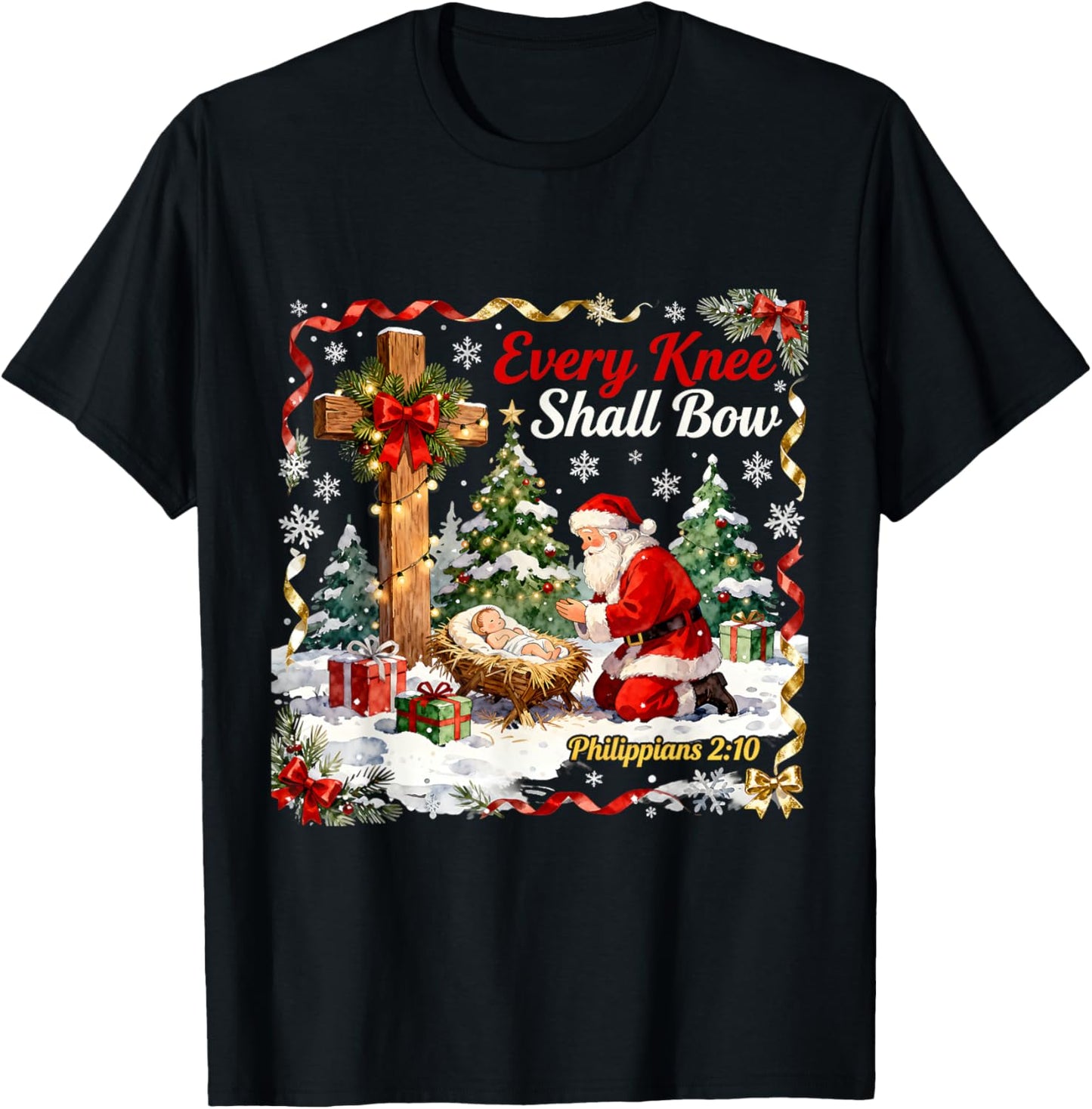 Christmas Nativity Scene Every Knee Shall Bow Santa Xmas T-Shirt - T-Shirt | Black