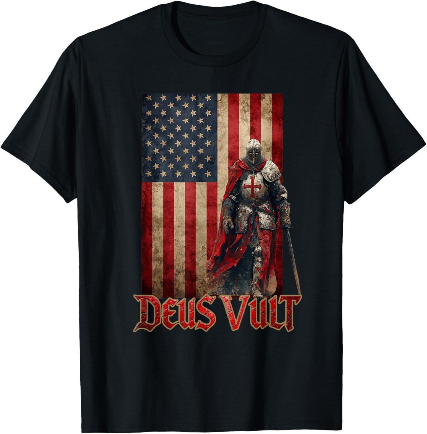 Deus Vult Knight Templar American Flag Crusader T-Shirt - T-Shirt | Black