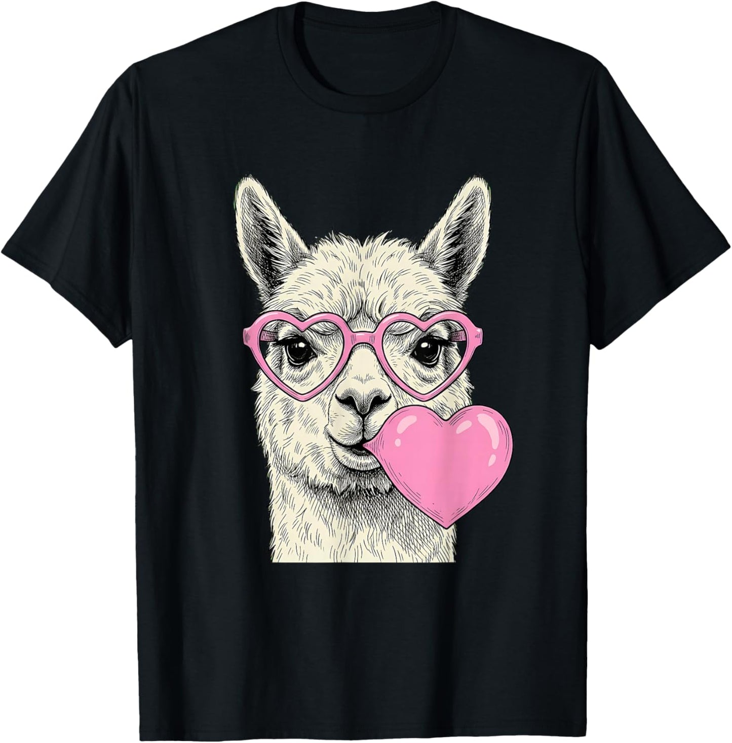 Cute Alpaca Blowing Pink Valentine Heart Bubble Gum T-Shirt - T-Shirt | Black