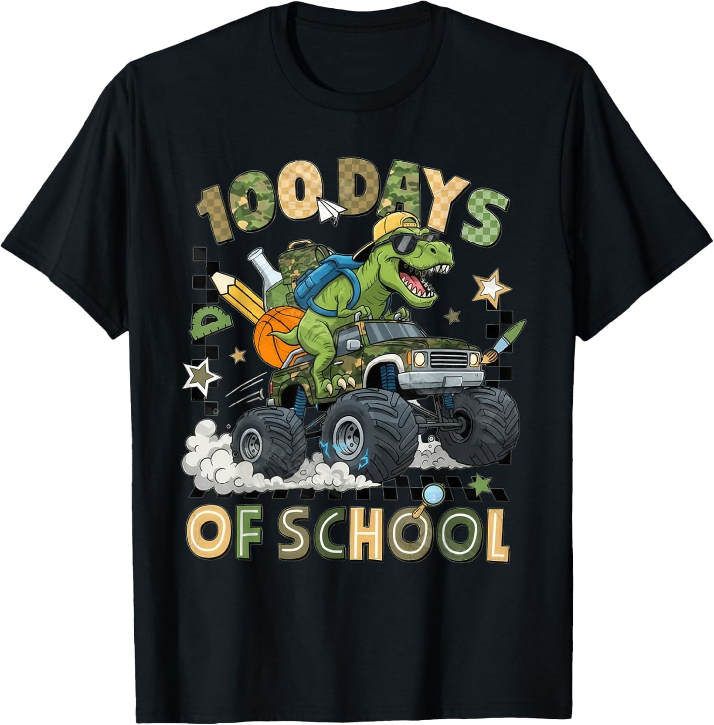 100 Days of School Monster Truck Camo 100th Day School Boys T-Shirt - T-Shirt | Black