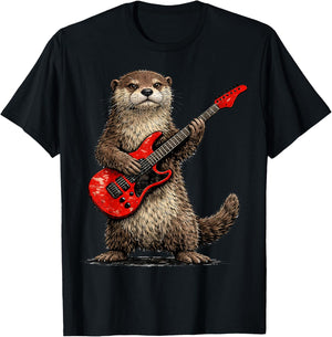 Funny Otter Playing Guitar Rock and Roll Gifts Men Women Kid T-Shirt - T-Shirt | Black