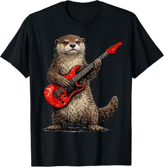 Funny Otter Playing Guitar Rock and Roll Gifts Men Women Kid T-Shirt - T-Shirt | Black