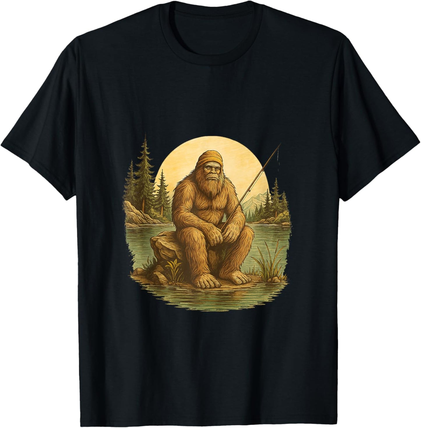Bigfoot Night Fishing Yeti Retro Vintage Sasquatch and Fish T-Shirt - T-Shirt | Black