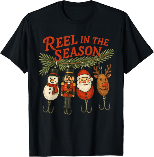 Reel in The Season Christmas Fishing Funny Fisherman Xmas T-Shirt - T-Shirt | Black