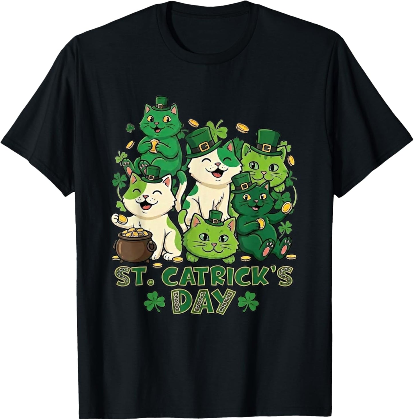 St Catricks Day Funny Cat Lover Leprechaun Kitten Graphic T-Shirt - T-Shirt | Black