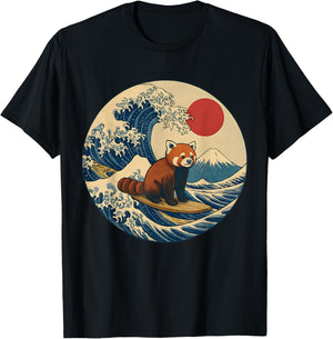 Japanese Surf Animal Red Panda Kanagawa Wave Graphic T-Shirt - T-Shirt | Black