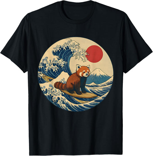 Japanese Surf Animal Red Panda Kanagawa Wave Graphic T-Shirt - T-Shirt | Black