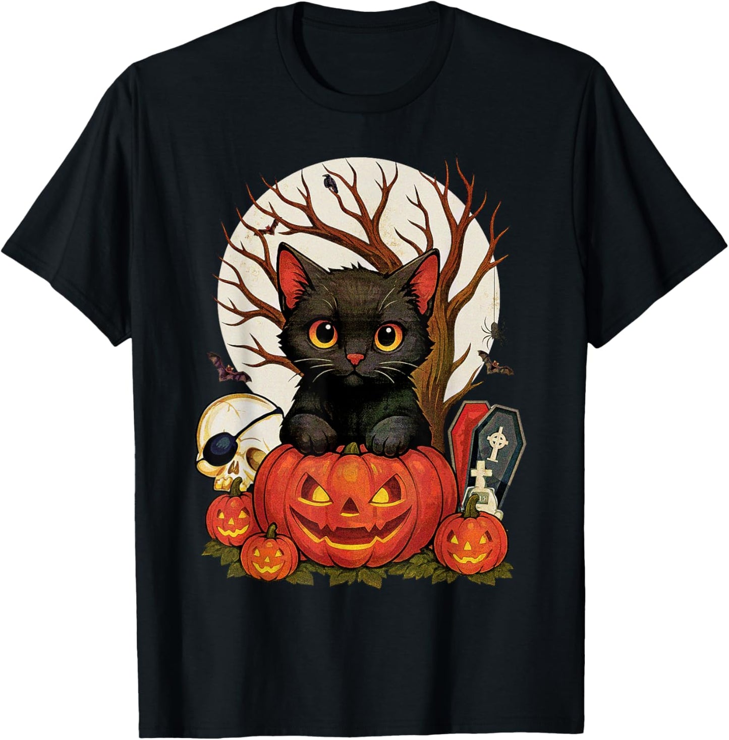 Vintage Halloween Moon Retro Scary Black Cat Men Graphic T-Shirt - T-Shirt | Black