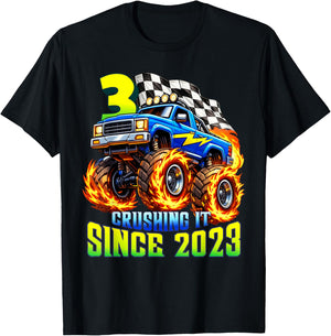 Monster Truck 3rd Birthday Crushing It Since 2023 Party Boys T-Shirt - T-Shirt | Black