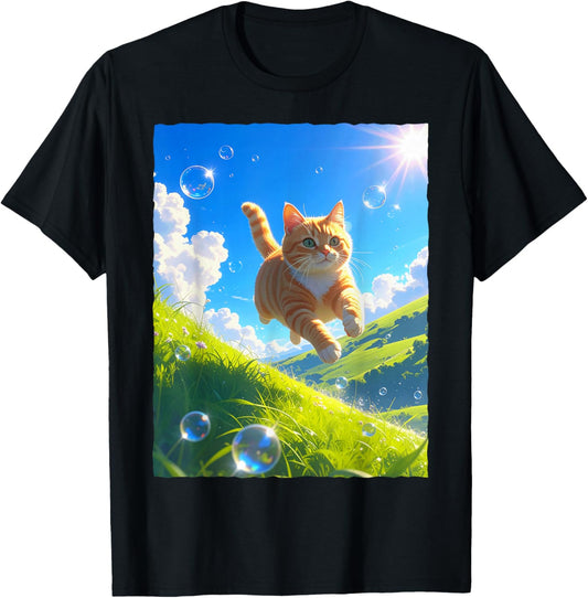 Frutiger Aero Cat Chasing Bubbles Cute Ginger Kitten Anime T-Shirt - T-Shirt | Black