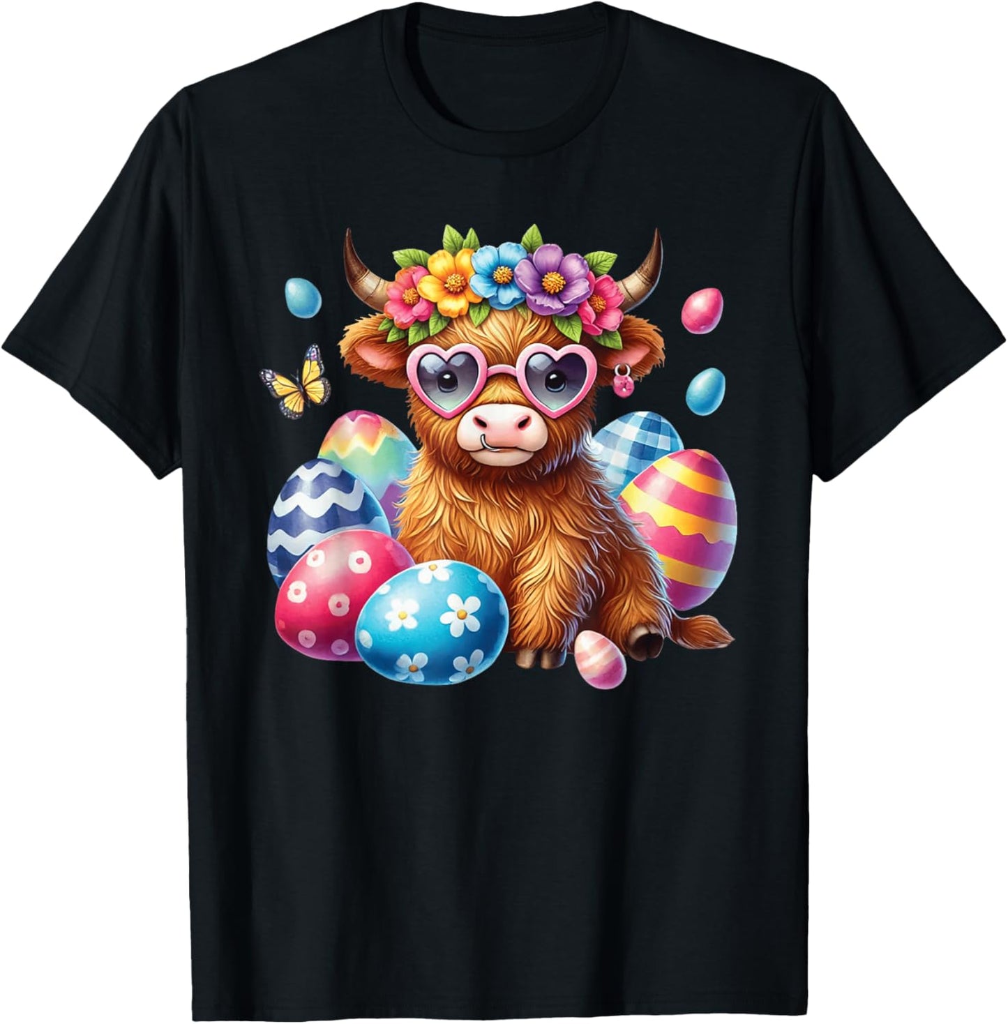 Happy Easter Highland Cow Heifer Easter Day Farmer Cowgirl T-Shirt - T-Shirt | Black