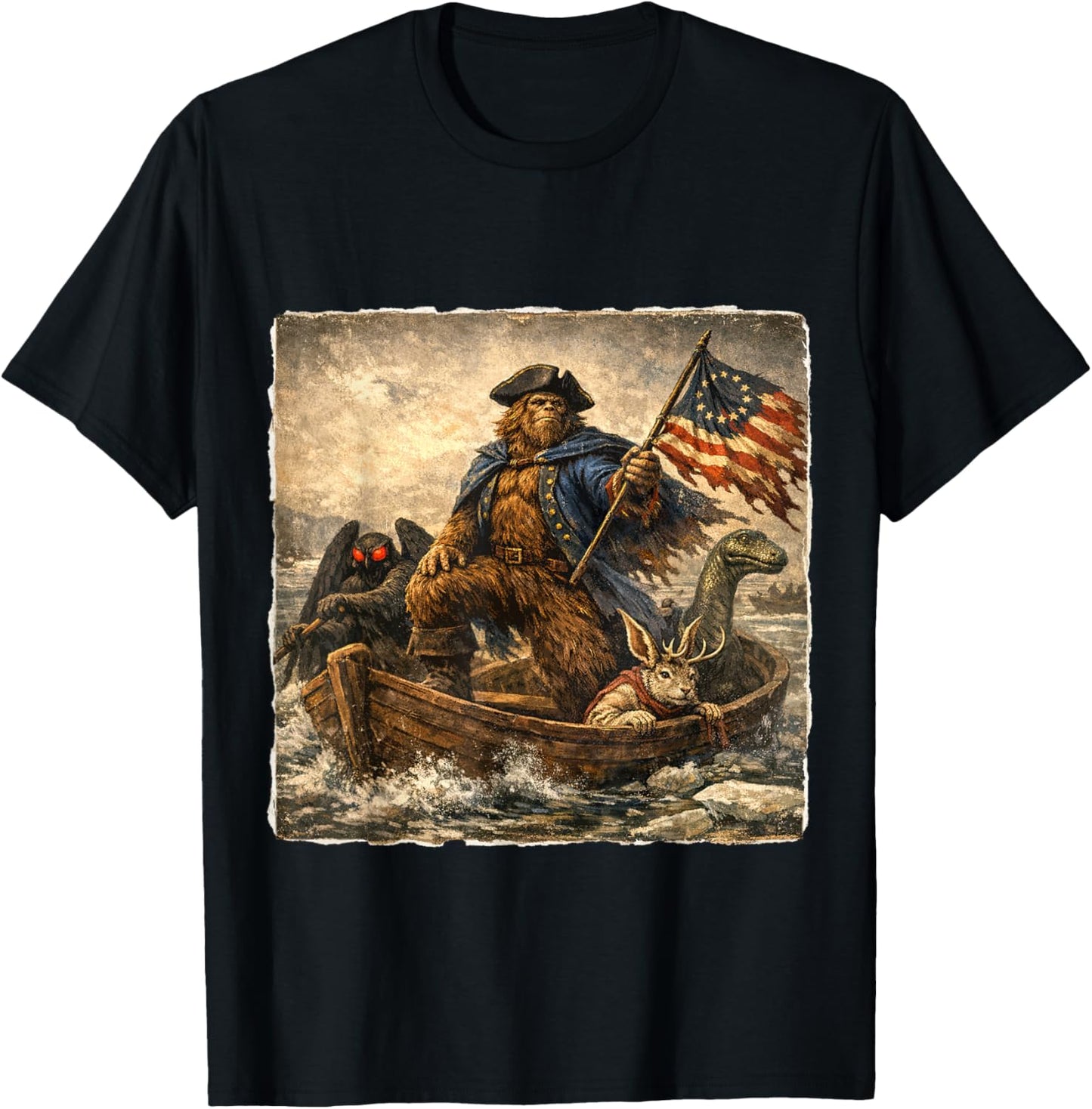 Bigfoot Crossing The Delaware Patriotic Funny 4th of July T-Shirt - T-Shirt | Black