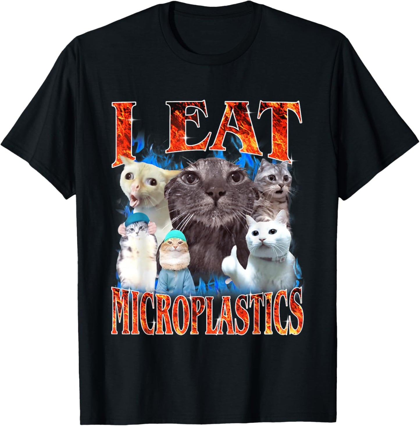I Eat Microplastics Funny Cat Meme Y2K Bootleg Graphic T-Shirt - T-Shirt | Black